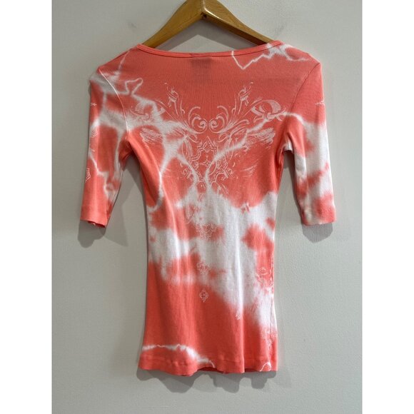 Y2K Sledge T-Shirt Womens M Coral T-Dye Embellished Ribbed Fitted Scoop Neck - Picture 2 of 5